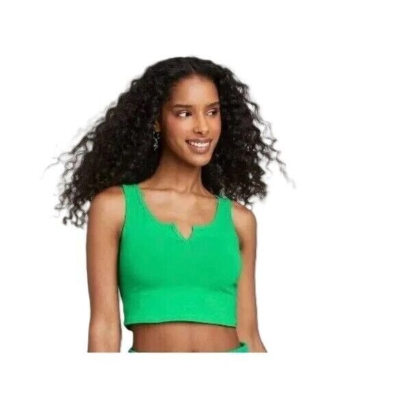 Wild Fable Women XXL Vibrant Green Notched Scoop Neck Fitted & Cropped Tank Top - Picture 3 of 6